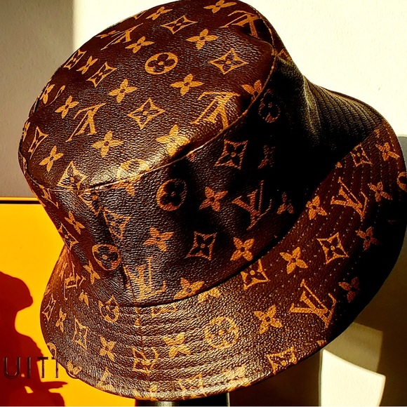Louis Vuitton LV Monogram Bucket Hat Calf Skin Leather Brown Tan Jacquard - Picture 3 of 10